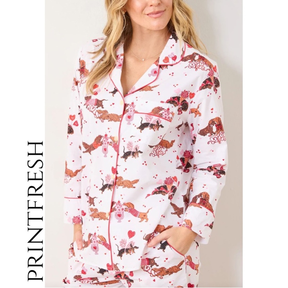 Printfresh White & Pink Dachshund Pajama Top